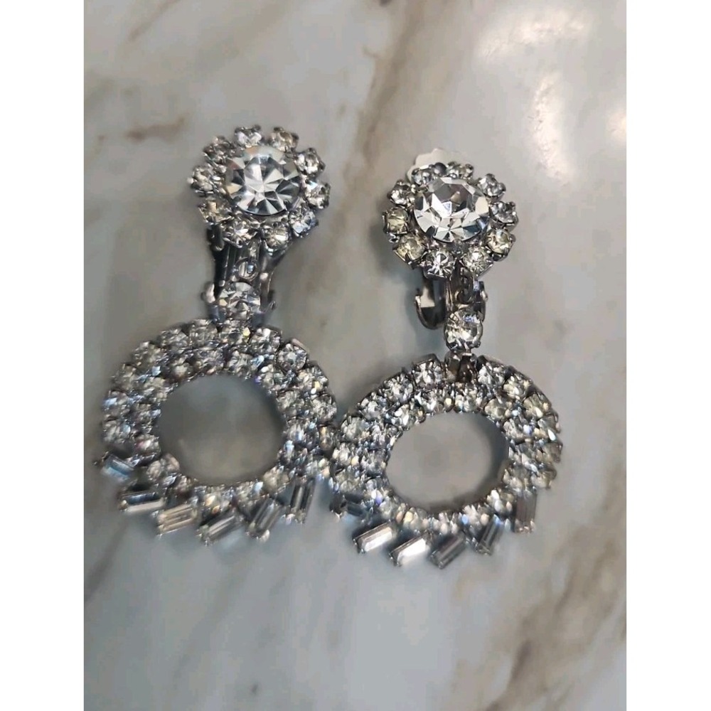 Judy Lee Crystal Clip On Earrings Baguette Rhinestone Silver Tone Dangle Signed